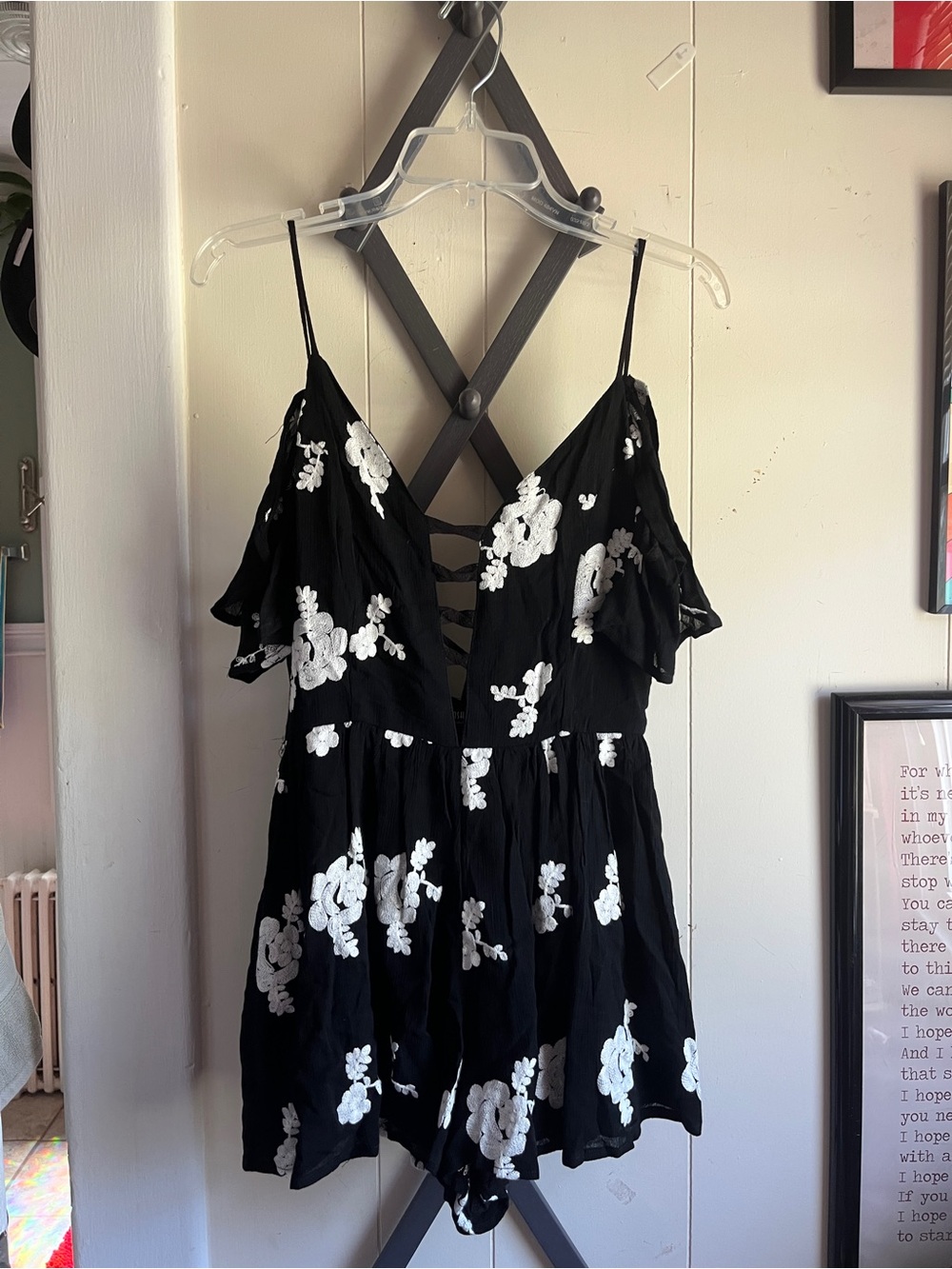Fashion Nova Black Romper with White Floral Embroidery